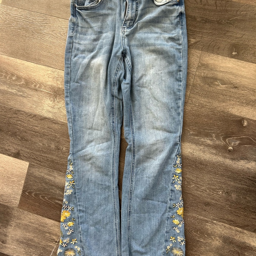 Ashley Mason Light Blue Floral Embroidered Flare Jeans